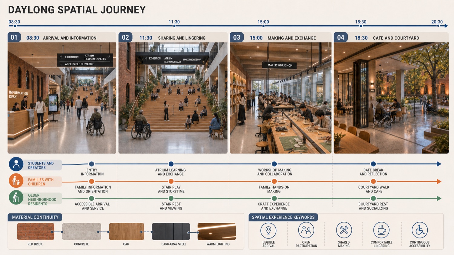 Daylong interior spatial journey, material, lighting, and accessibility board from the handbook