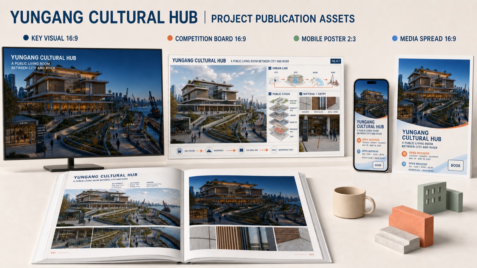 Handbook example showing one architectural project translated into competition, mobile, media, and publication assets
