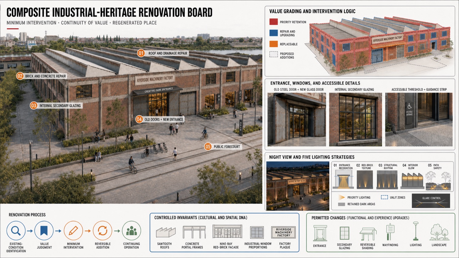 Industrial heritage renovation, intervention layers, material, and facade strategy board from the handbook